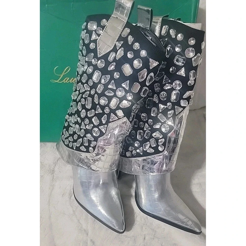 Lauren Lorraine Hana Sparkly Silver Rhinestone Cowboy Boots Women Western Size 9 - Picture 4 of 5